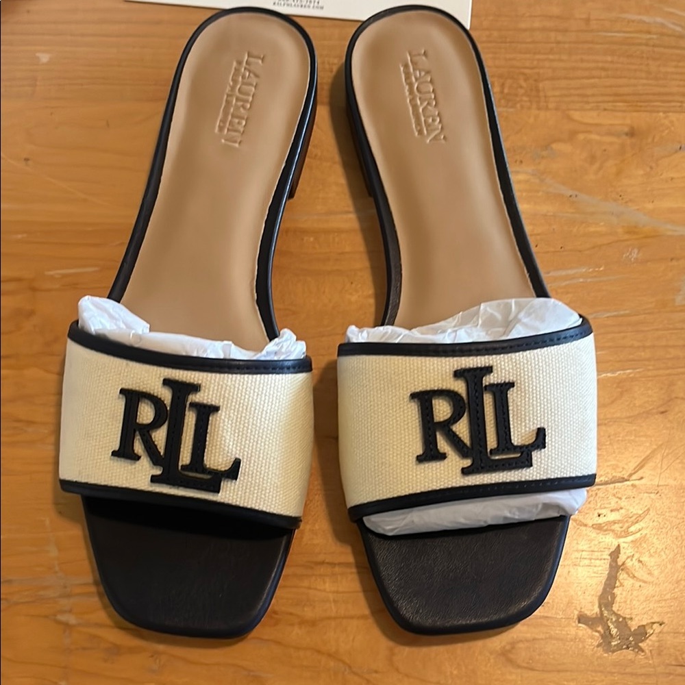 NEW in box, Ralph Lauren Everley Slides, Navy Beige - Picture 2 of 8
